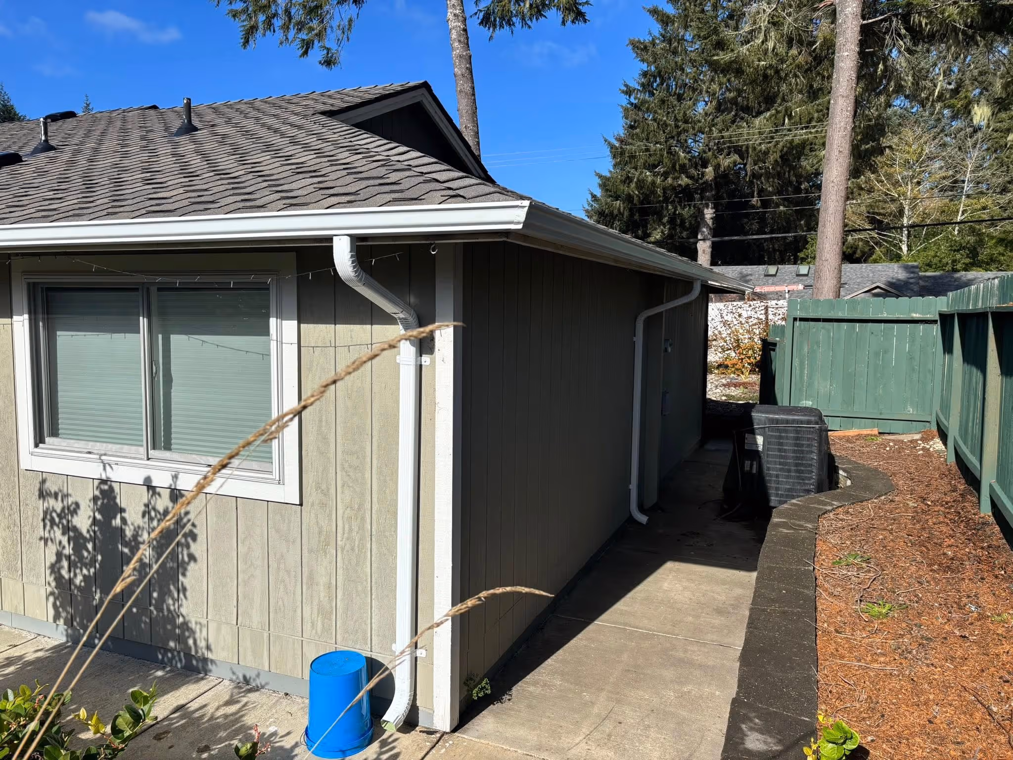 Side of a beige house with two white gutters, a blue bucket on the concrete pathway, and a green fence on the right.