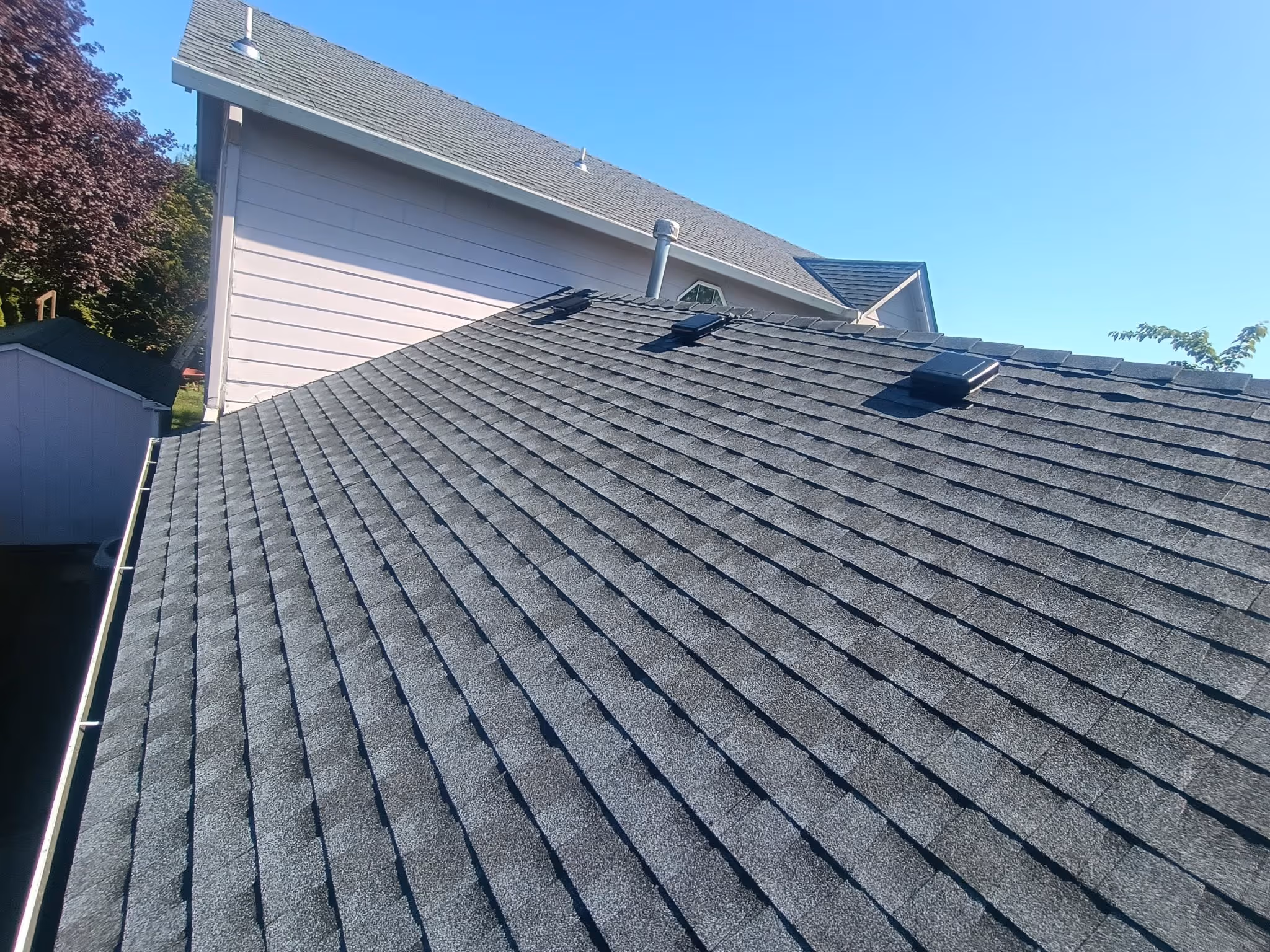Close-up view of a clean gray asphalt shingle roof under clear blue sky with house siding and trees in the background.