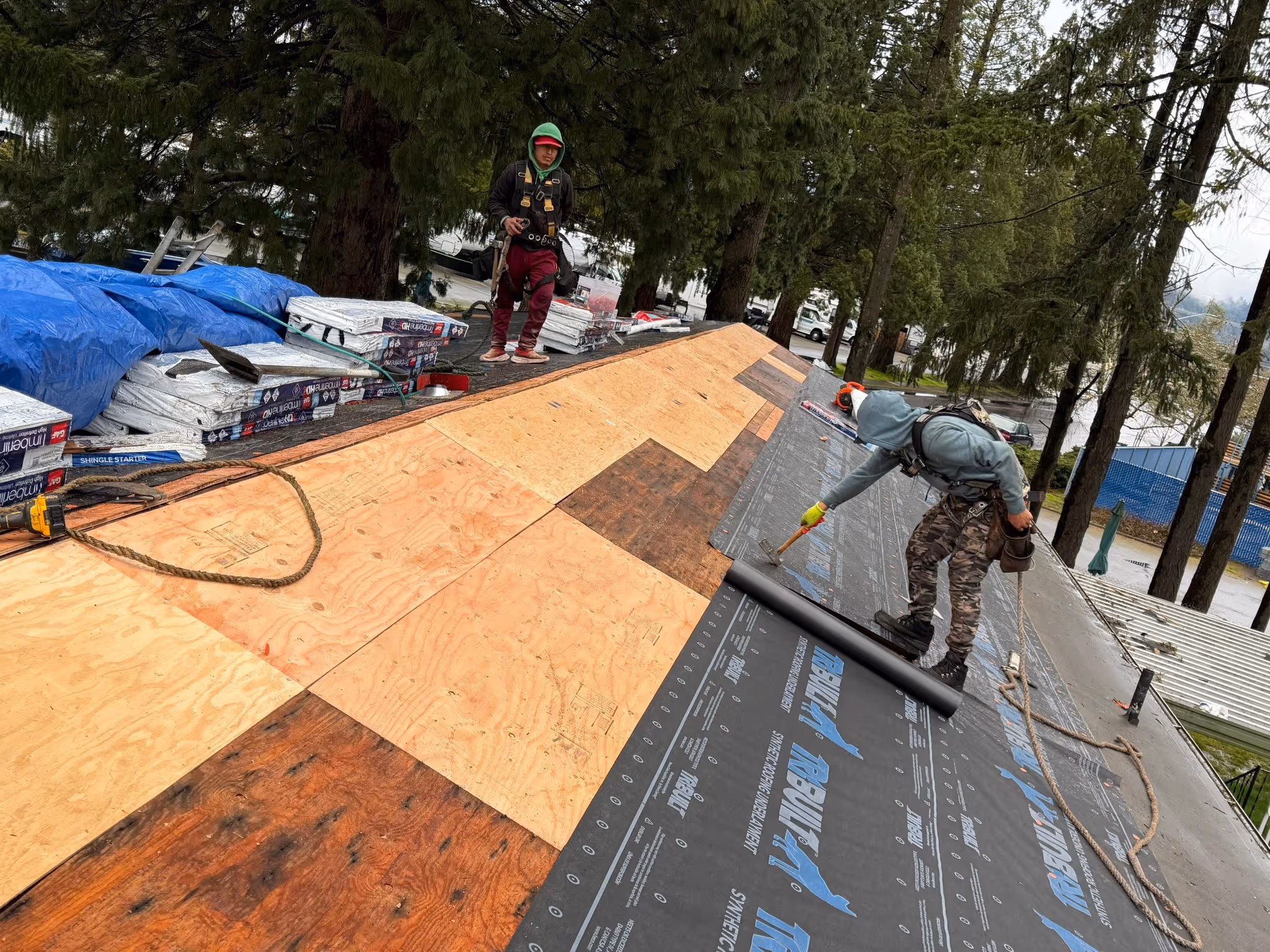Two roofers installing synthetic underlayment on a wooden roof deck surrounded by trees.